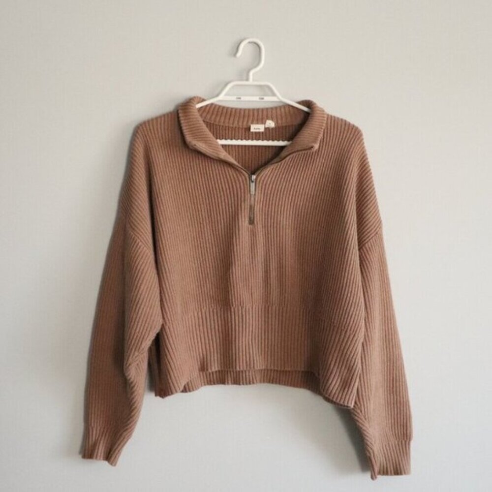 Ten Tree Women's Sz M Brown Highline Mock Neck Cropped 1/4 Zip Ribbed Sweater